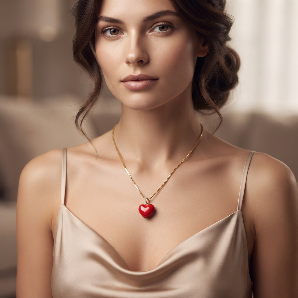 Glossy Red Enamel Heart Pendant Necklace – 18K Gold Plated Sweetheart