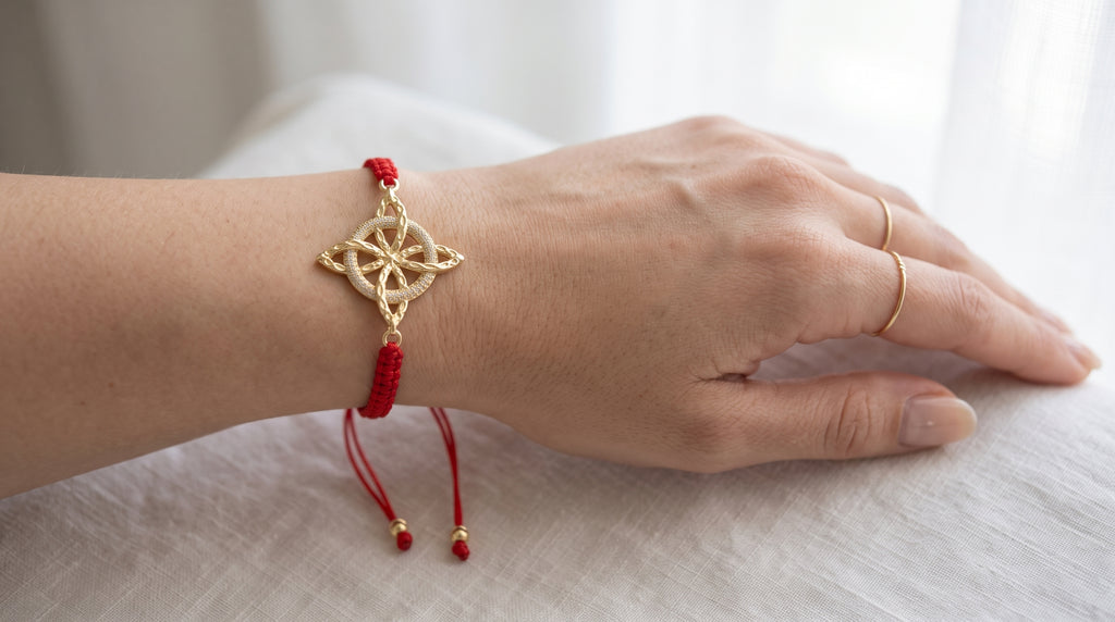Gold-Plated Red Cord Celtic Knot Bracelet – Adjustable Woven Charm Bangle