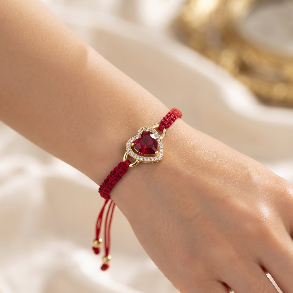 Imported Luxury Red Zircon Heart Adjustable Cord Bracelet – 18K Gold Plated Red String Bracelet