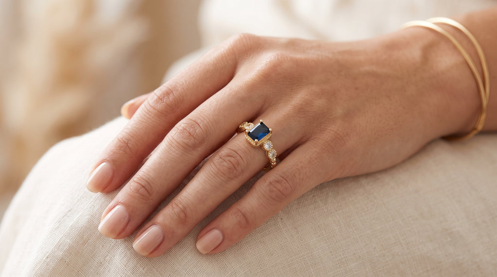 Gold-Plated Emerald-Cut Blue Zircon Crystal Statement Ring