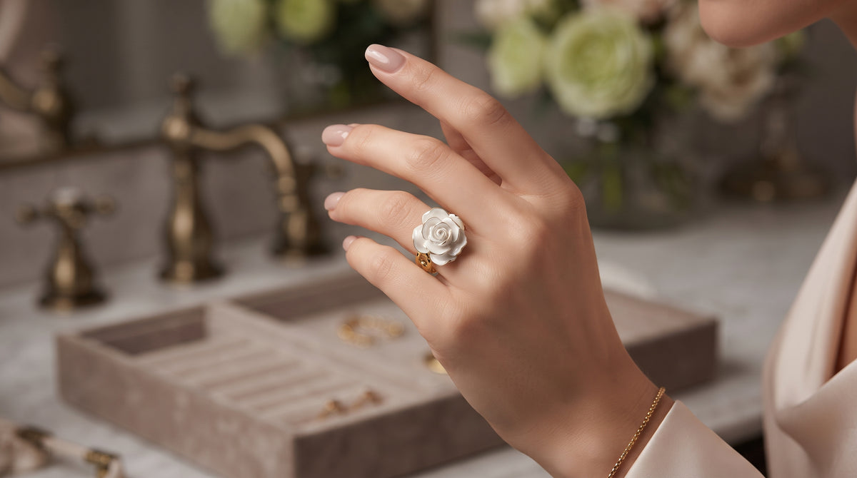Gold-Plated White Rose Chain Ring – Adjustable Floral Statement Band