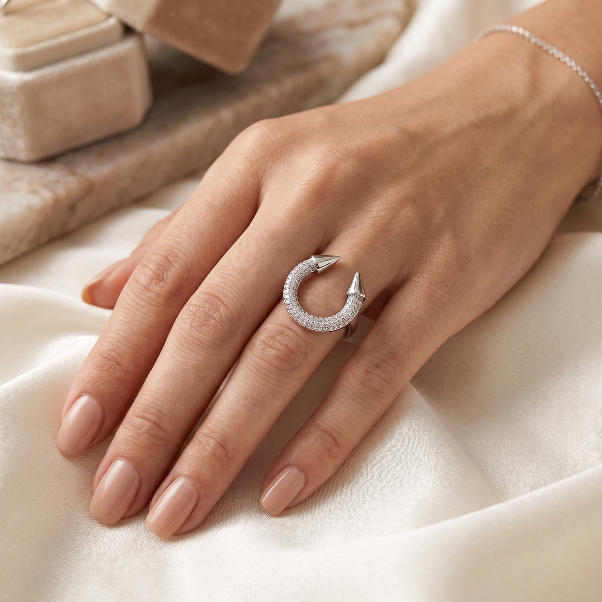 Silver-Plated Full Zircon Pave Horseshoe Open Ring