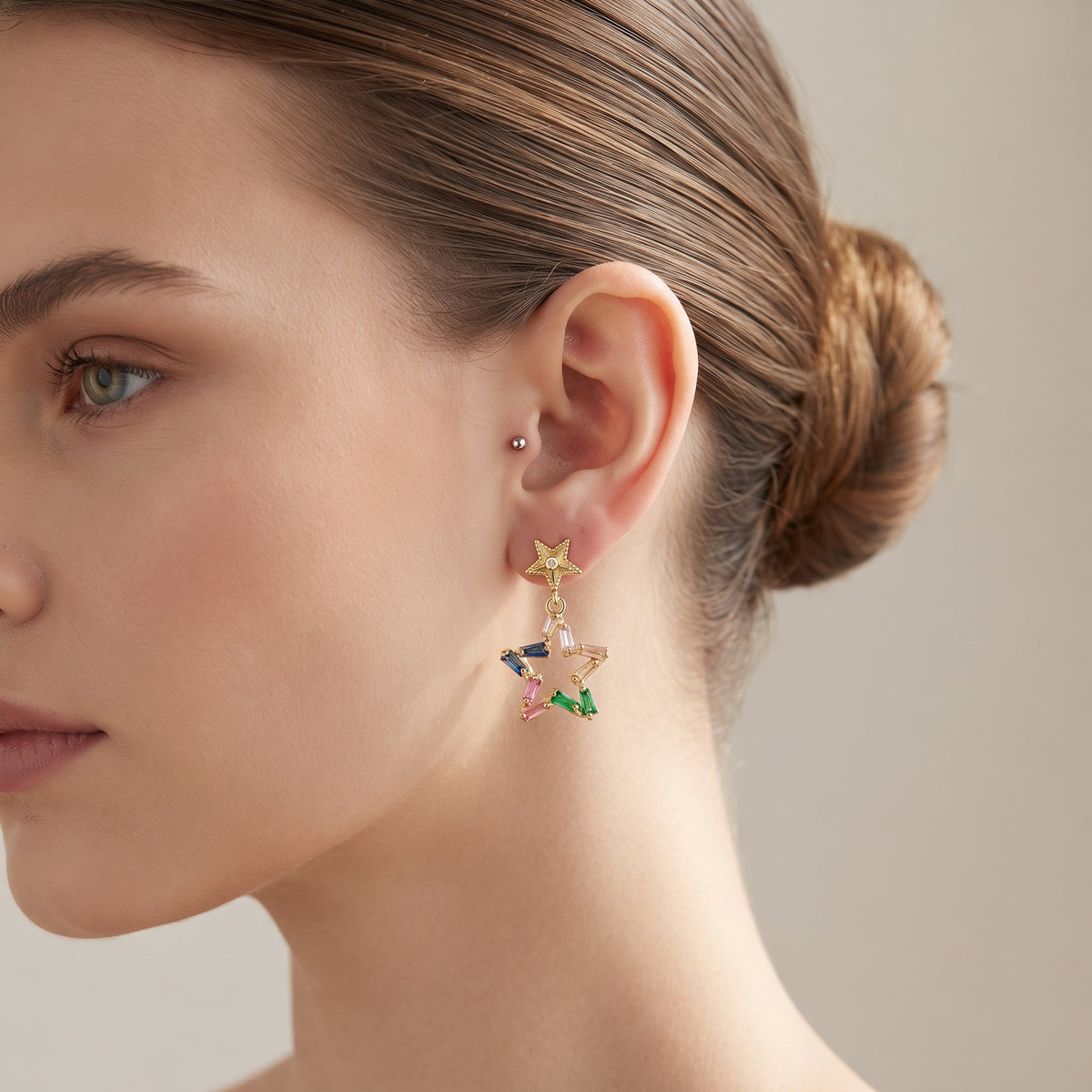Colorful Baguette Zircon Star Drop Earrings