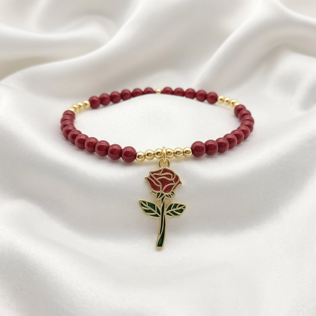 Gold-Plated Deep Red Pearl and Gold Bead Rose Charm Bracelet