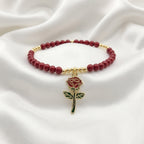 Gold-Plated Deep Red Pearl and Gold Bead Rose Charm Bracelet