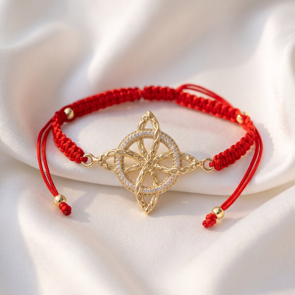 Gold-Plated Red Cord Celtic Knot Bracelet – Adjustable Woven Charm Bangle