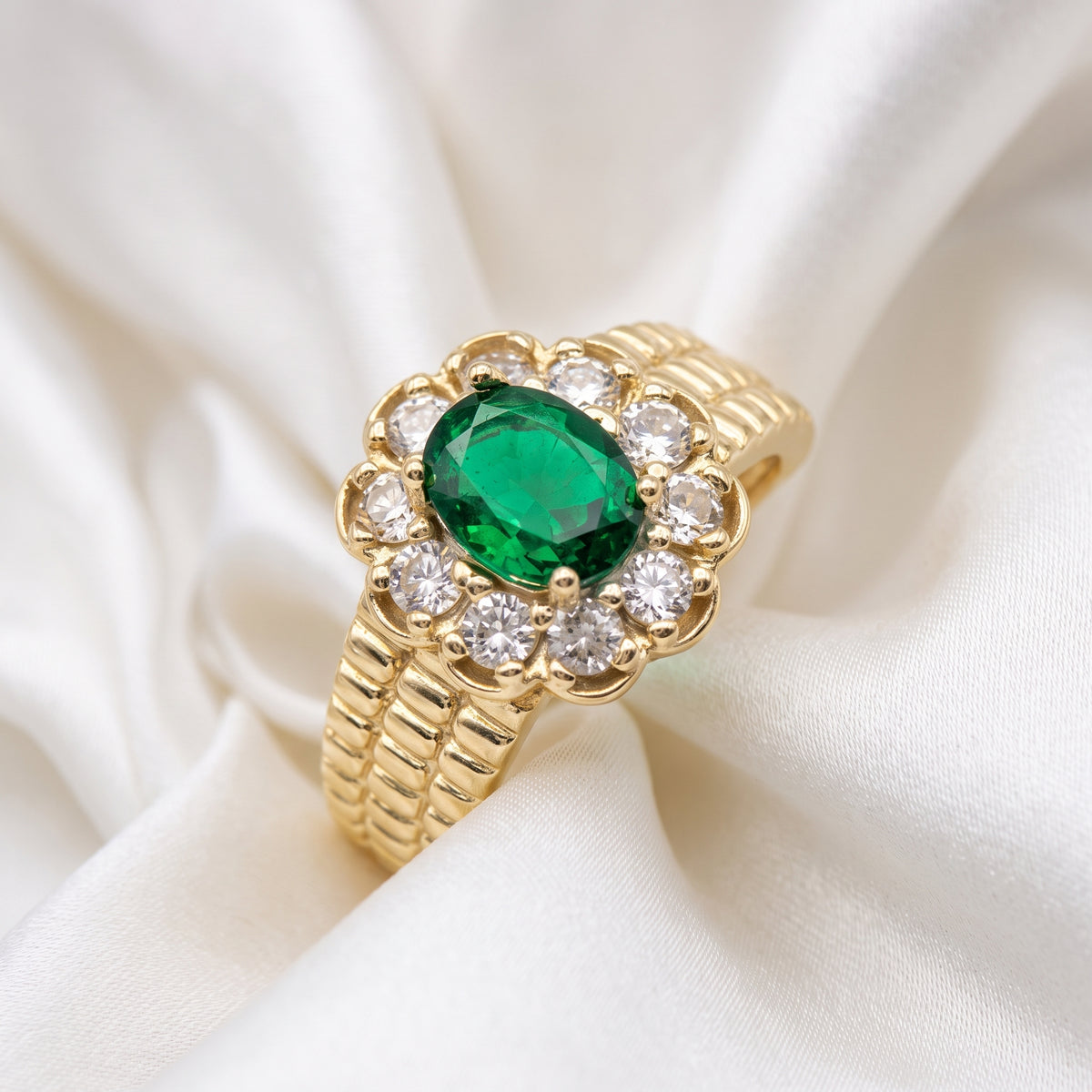 Regal Emerald Green Zircon Cluster Statement Ring – 18K Gold Plated Halo Ring