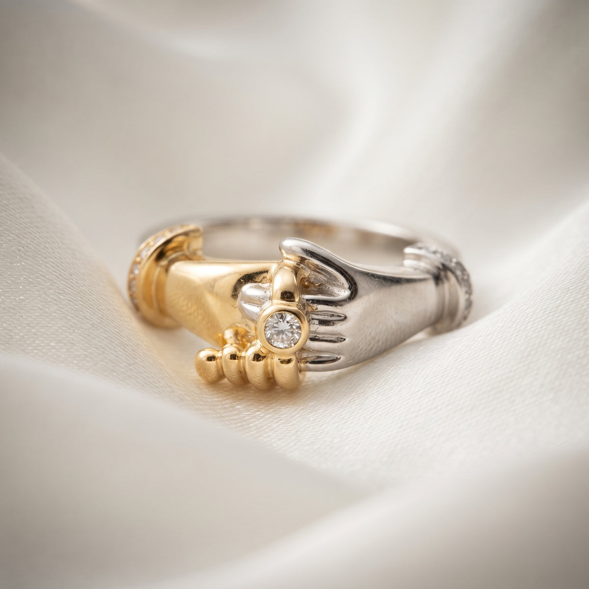 Two-Tone Hugging Hands Crystal Ring – Adjustable Embrace Band