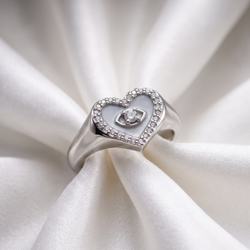 Silver-Plated Eye Heart Ring – Adjustable Protection Crystal Band