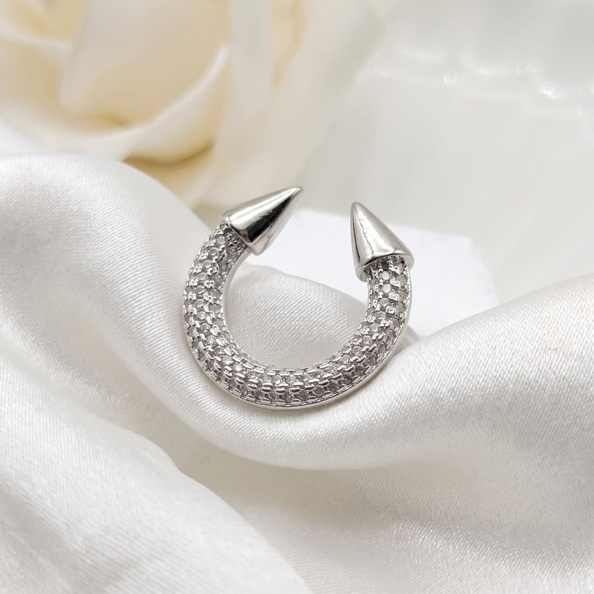 Silver-Plated Full Zircon Pave Horseshoe Open Ring