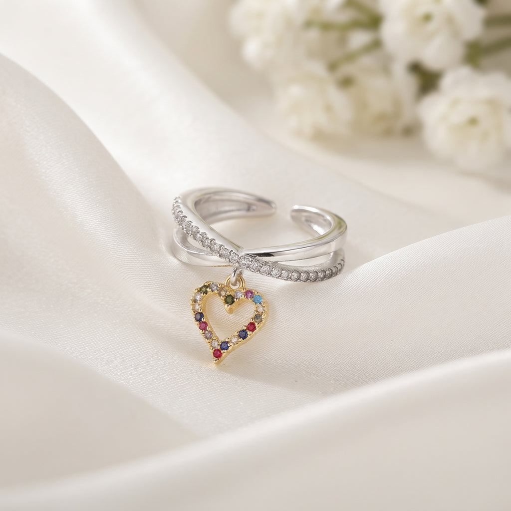 Silver-Plated Multi-Color Crystal Heart Pendant Ring – Adjustable Charm Band