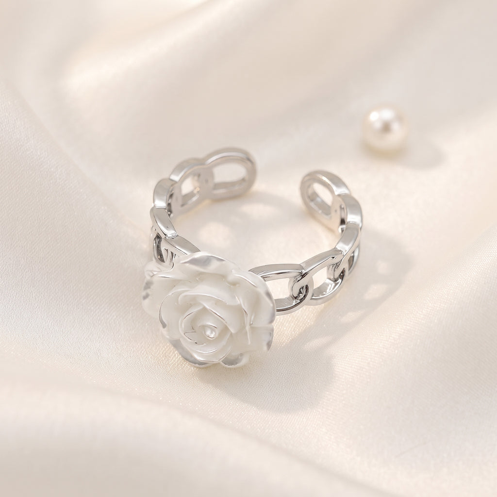 Silver-Plated White Rose Chain Ring – Adjustable Floral Statement Band