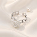 Silver-Plated White Rose Chain Ring – Adjustable Floral Statement Band