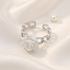 Silver-Plated White Rose Chain Ring – Adjustable Floral Statement Band