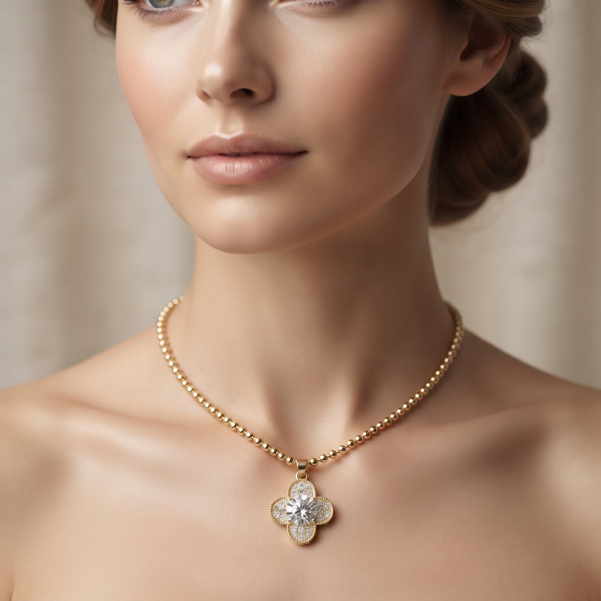 Four-Leaf Clover Solitaire Ball Chain Necklace – 18K Gold Plated Lucky Charm