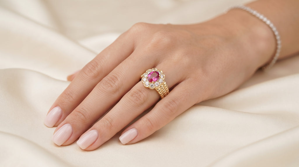 Royal Ruby Red Zircon Cluster Statement Ring – 18K Gold Plated Halo Ring