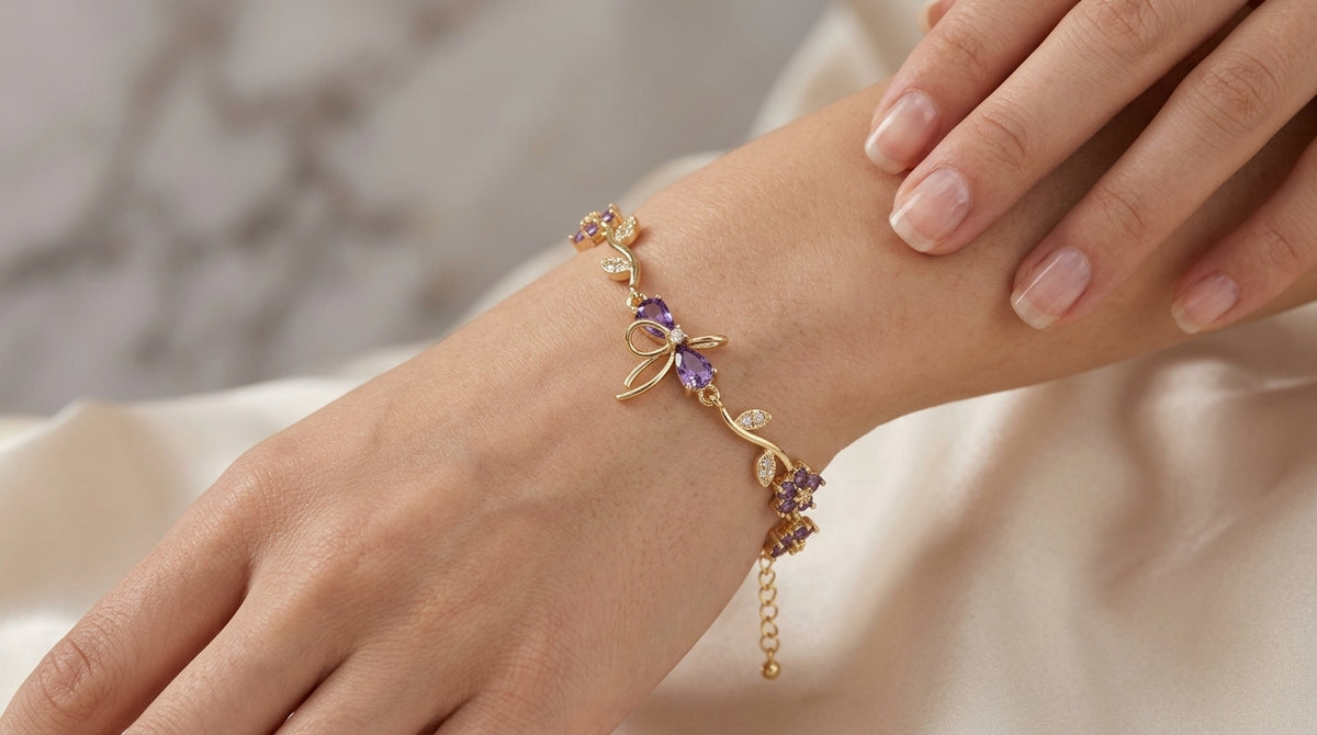 Elegant Purple Zircon Floral Vine & Bow Bracelet – 18K Gold Plated Adjustable Wrist Jewellery
