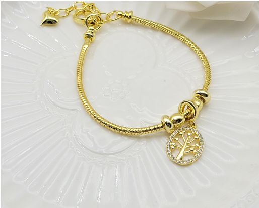 Tree of Life Charm Snake Chain Bracelet – 18K Gold Plated Meaningful Jewellery for Women