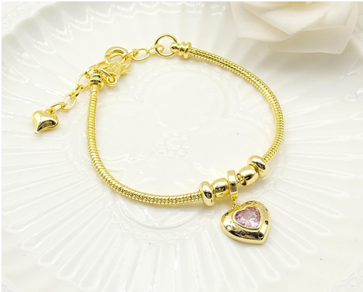 Pink Crystal Heart Charm Snake Chain Bracelet – 18K Gold Plated Romantic Jewellery for Women