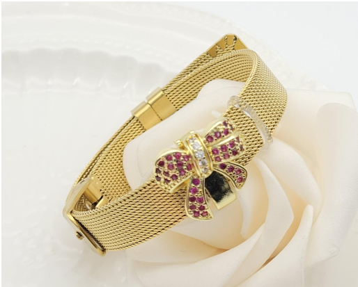 Ruby Zircon Bow Mesh Cuff Bracelet – 18K Gold Plated Statement Wristwear for Women