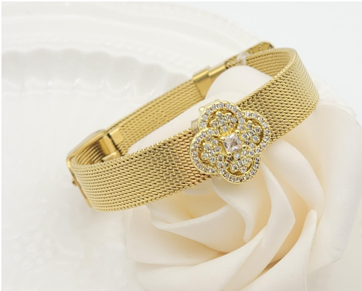 Sparkling Clover Flower Zircon Mesh Cuff Bracelet – 18K Gold Plated Statement Wristwear for Women