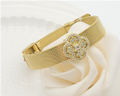 Sparkling Clover Flower Zircon Mesh Cuff Bracelet – 18K Gold Plated Statement Wristwear for Women