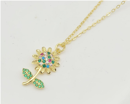 Vibrant Multi-Color Crystal Flower Pendant Necklace – 18K Gold Plated 3A Premium Zircon Link Chain