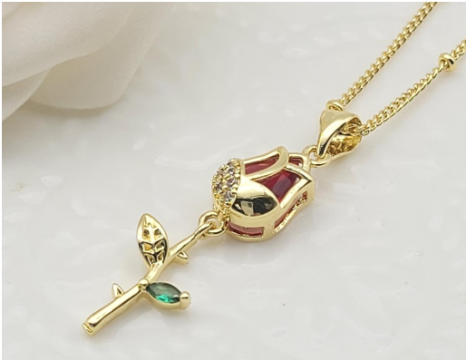 Elegant Red Rose Flower Pendant Necklace – 18K Gold Plated Romantic Stem