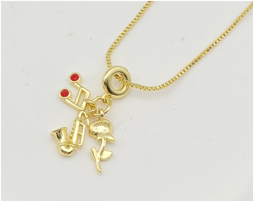 Musical Saxophone & Rose Multi-Charm Pendant Necklace – 18K Gold Plated