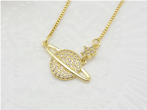 Celestial Saturn Planet & Star Zircon Necklace – 18K Gold Plated