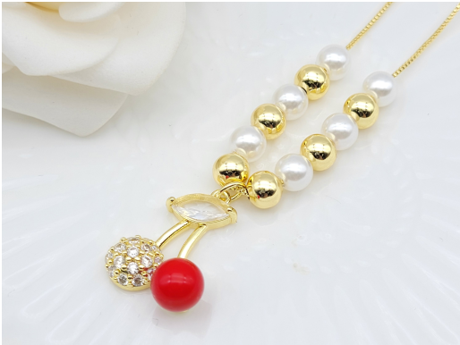Sweet Double Cherry Crystal & Pearl Pendant Necklace – 18K Gold Plated Beaded Chain
