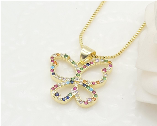 Colorful Zircon Multi-Stone Butterfly Pendant Necklace – 18K Gold Plated