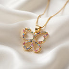 Colorful Zircon Multi-Stone Butterfly Pendant Necklace – 18K Gold Plated