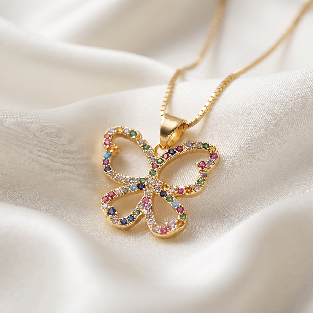 Colorful Zircon Multi-Stone Butterfly Pendant Necklace – 18K Gold Plated