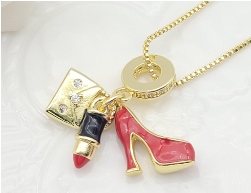 Chic Red High Heel, Lipstick & Handbag Multi-Charm Pendant Necklace