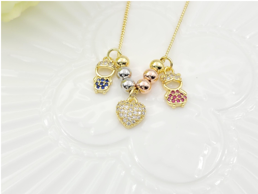 Boy, Girl & Paved Heart Multi-Charm Pendant Necklace – 18K Gold Plated Beaded Chain