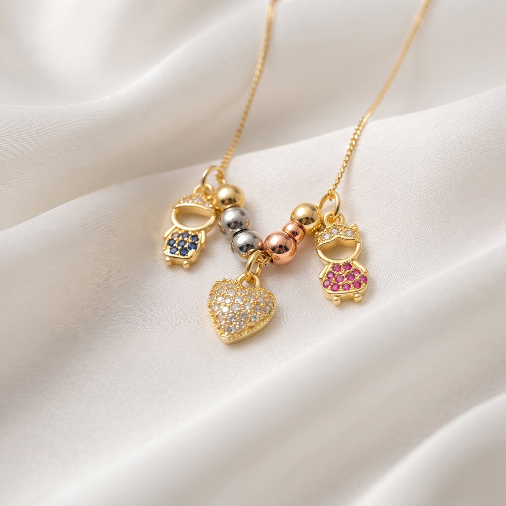 Boy, Girl & Paved Heart Multi-Charm Pendant Necklace – 18K Gold Plated Beaded Chain