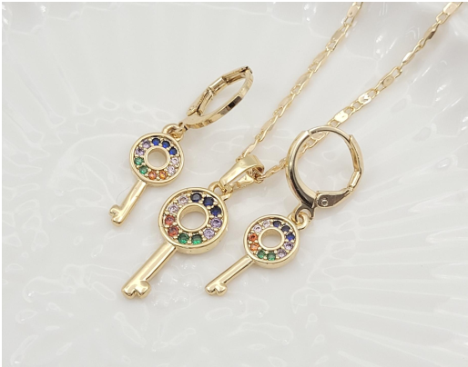 Rainbow Zircon Key Pendant Necklace & Matching Earrings Set – 18K Gold Plated Jewelry Set