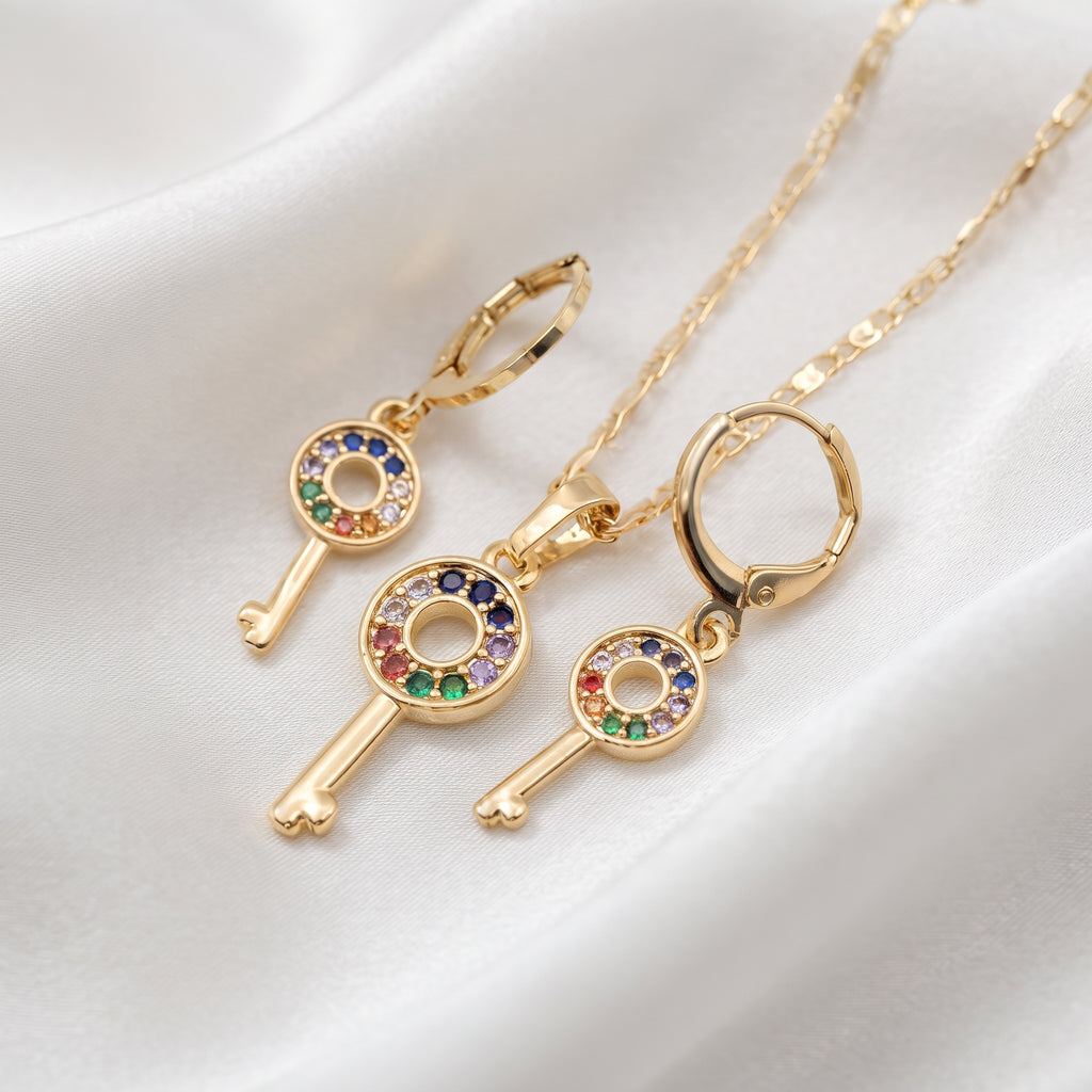 Rainbow Zircon Key Pendant Necklace & Matching Earrings Set – 18K Gold Plated Jewelry Set
