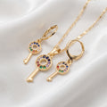 Rainbow Zircon Key Pendant Necklace & Matching Earrings Set – 18K Gold Plated Jewelry Set
