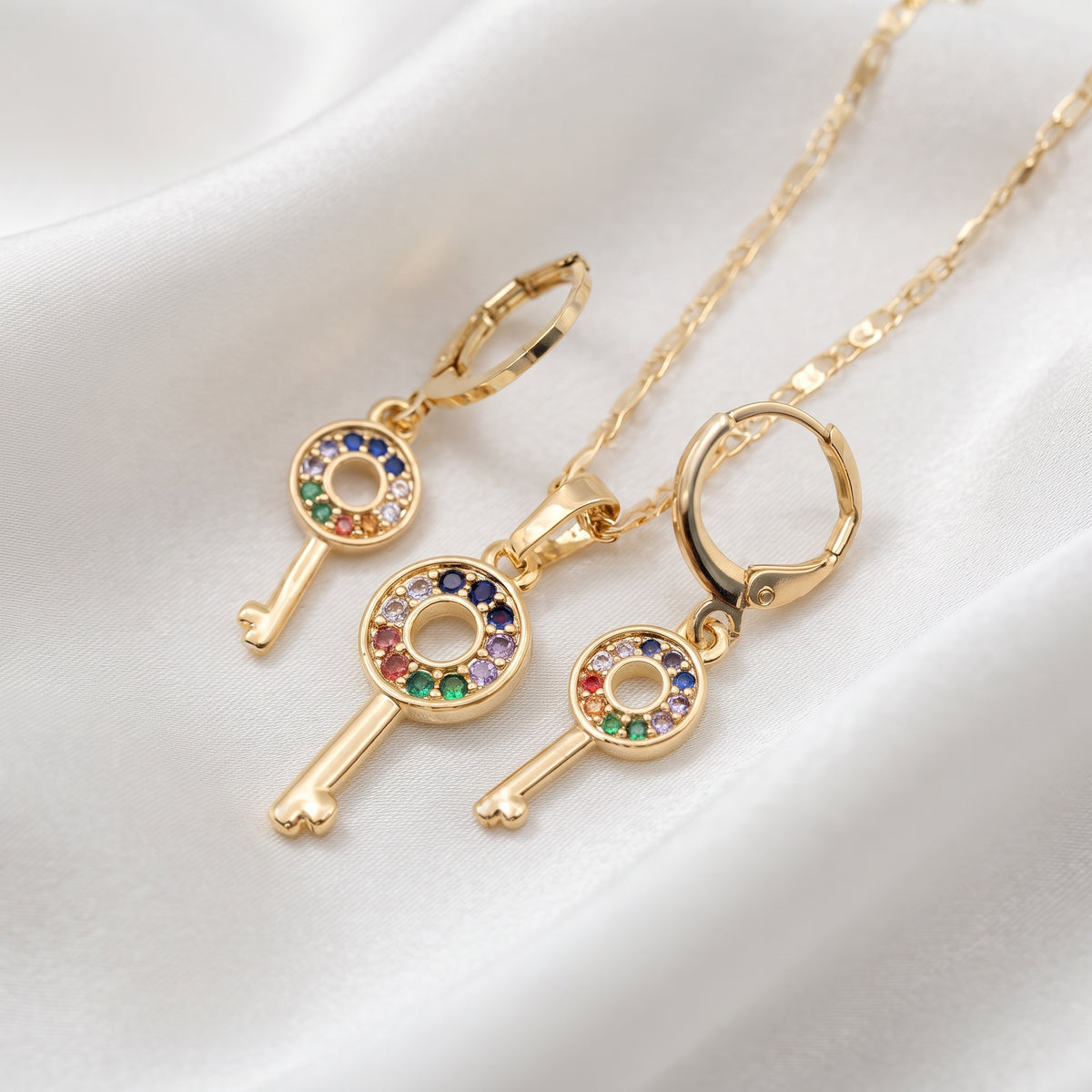 Rainbow Zircon Key Pendant Necklace & Matching Earrings Set – 18K Gold Plated Jewelry Set