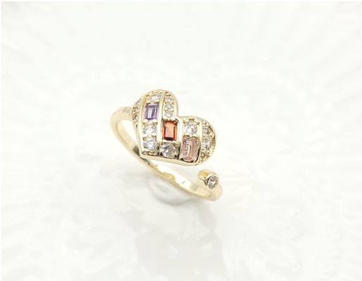 Colorful Baguette & Round Zircon Heart Open Ring –Adjustable