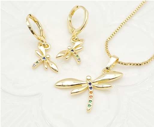 Rainbow Zircon Dragonfly Pendant Necklace & Matching Earrings Set