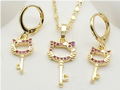 Ruby Zircon Kitty Cat Key Pendant Necklace & Matching Earrings Set