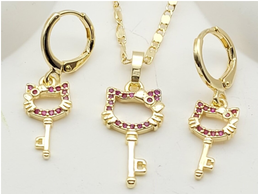 Ruby Zircon Kitty Cat Key Pendant Necklace & Matching Earrings Set