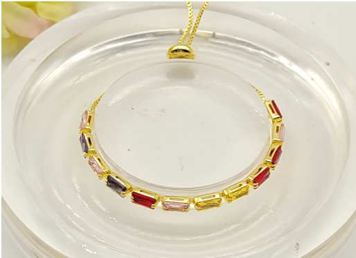 Imported Luxury Multi-Color Baguette Zircon Adjustable Bracelet – 18K Gold Plated