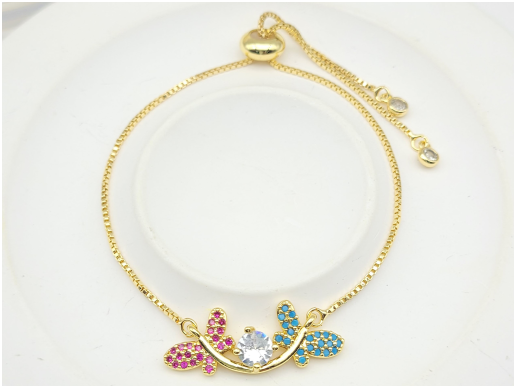 Luxury Multi-Color Butterfly & Solitaire Zircon Adjustable Bracelet – 18K Gold Plated