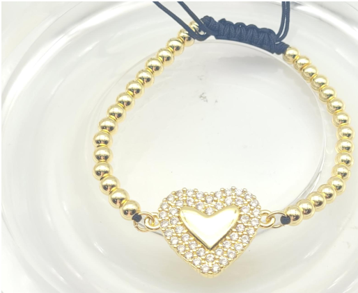 Luxury Beaded Pavé Zircon Heart Adjustable Bracelet – 18K Gold Plated Bead Chain Bracelet