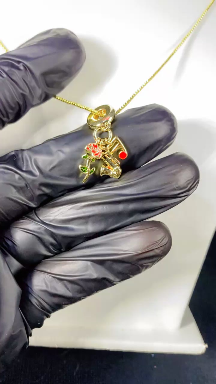 Musical Saxophone & Rose Multi-Charm Pendant Necklace – 18K Gold Plated
