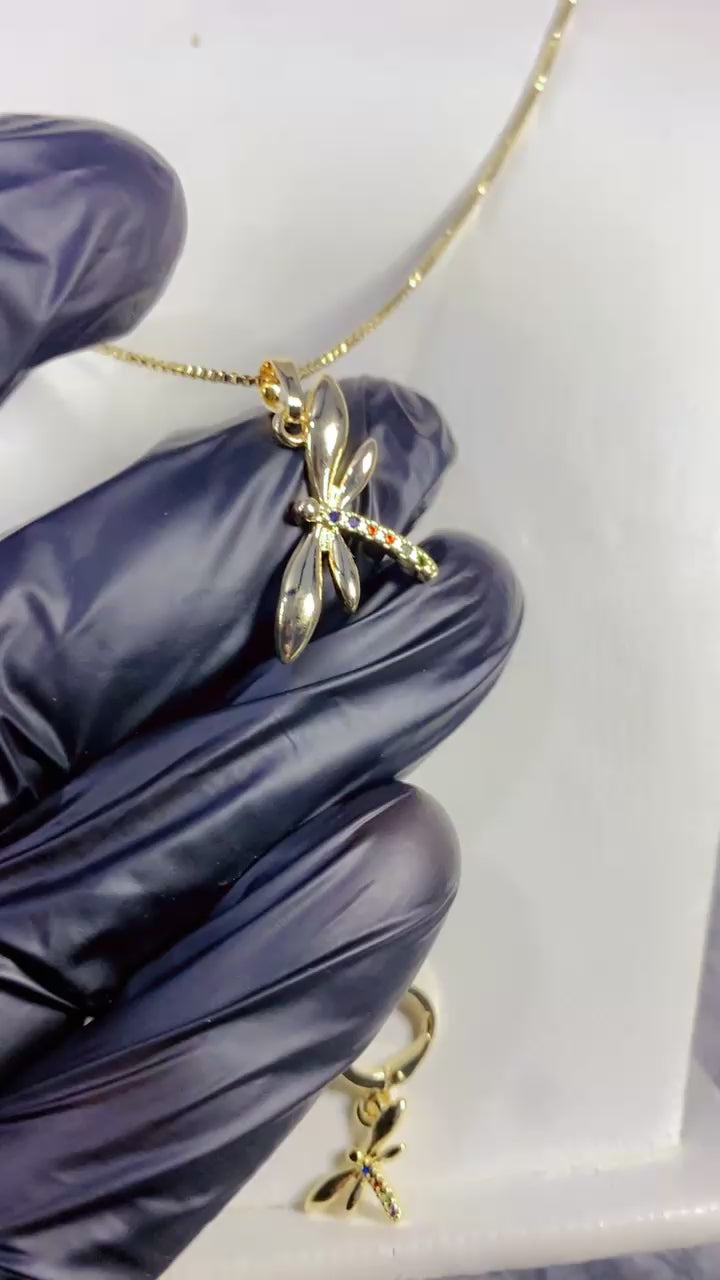 Rainbow Zircon Dragonfly Pendant Necklace & Matching Earrings Set
